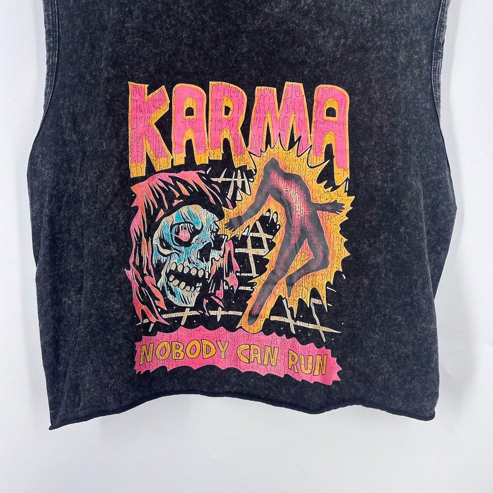 Karma Nobody Can Run Graphic Muscle Tee Acid Wash Black Raw Hem Large - Picture 6 of 13